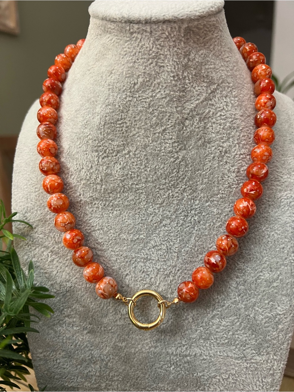 Gold Clasp Orange Beaded Necklace - Women Jewelry